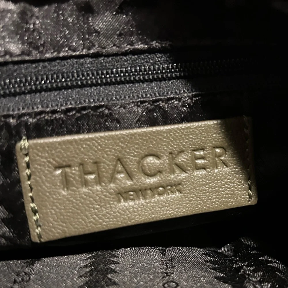 Thacker New York Olive Green Leather Clutch / Wristlet with Ring handle.